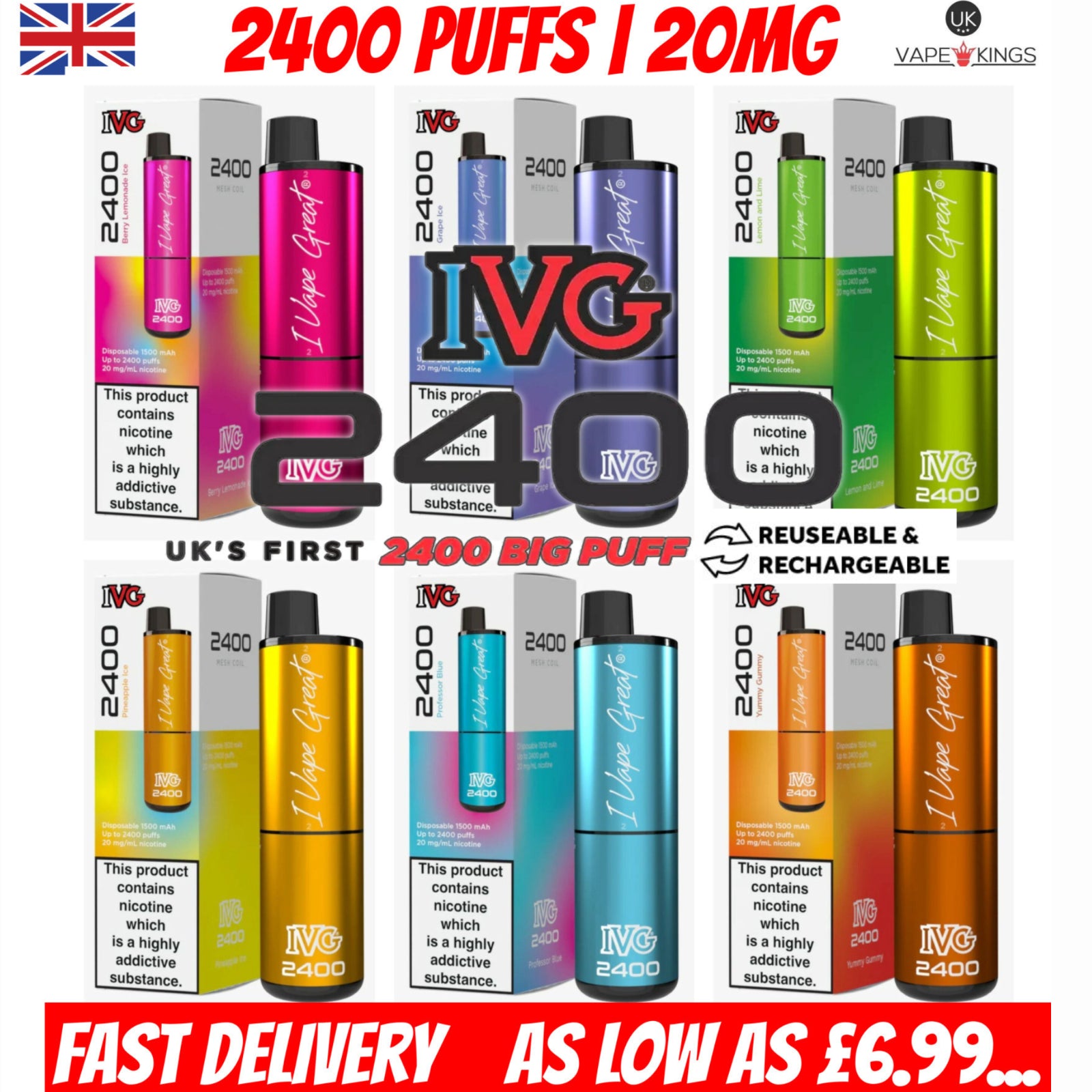 IVG 2400 Prefilled Pod Kit 4 in 1 Vape Pen 2400 Puffs E-Cig 20Mg Nic Salt 4X 2Ml