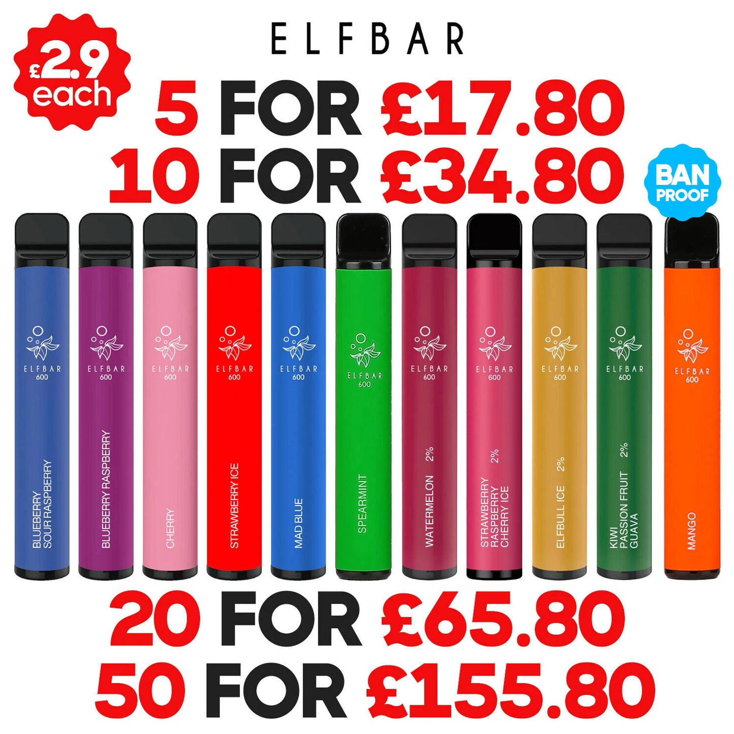 ELF BAR 600 Puffs Vape Kit Bars 20Mg Pod Kit 2% Nic Salt 41 Flavours | New
